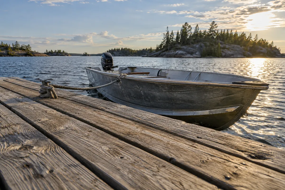 Empty aluminum boat tied to a timber dock with wooded islands behind