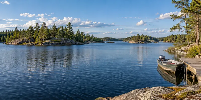 Broad lake, pine islands and an empty boat moored beside a dock
