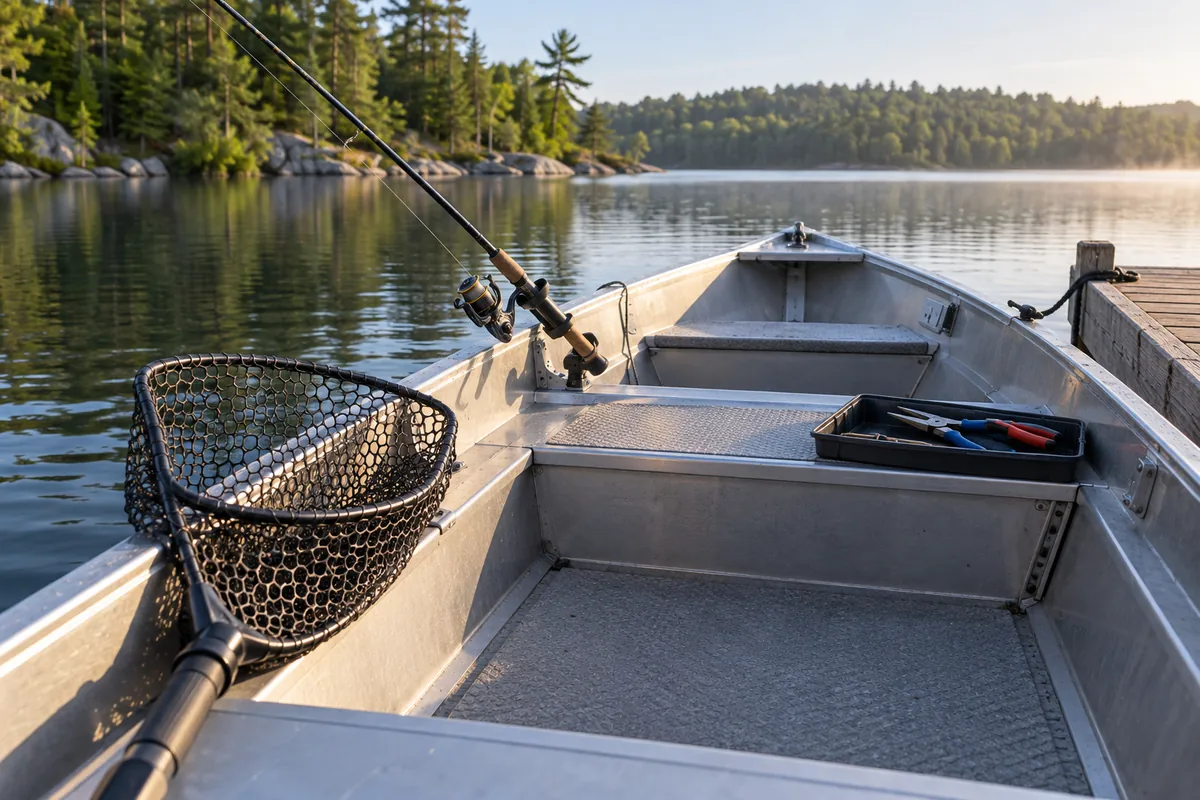 A large fishing net, rod and pliers stored neatly on an empty boat deck at a lake dock.