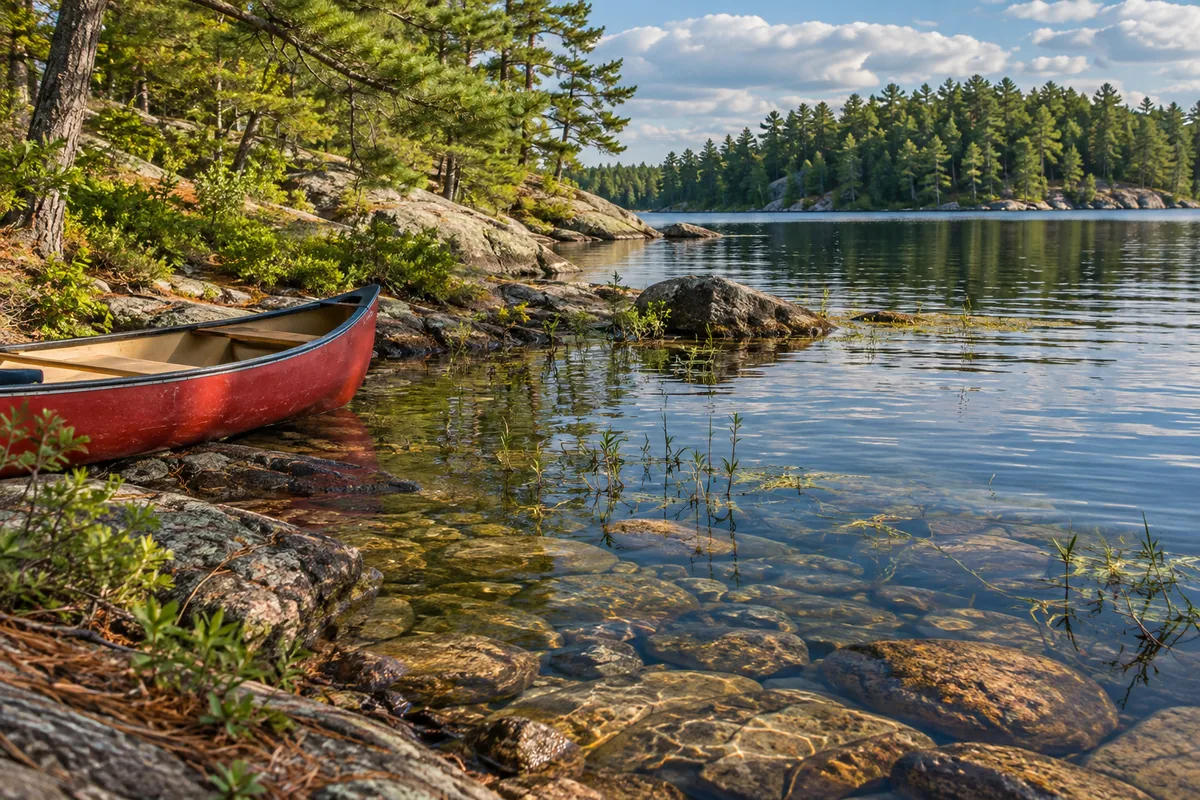 A red canoe on a rocky shore beside clear shallow water, aquatic plants and pines.