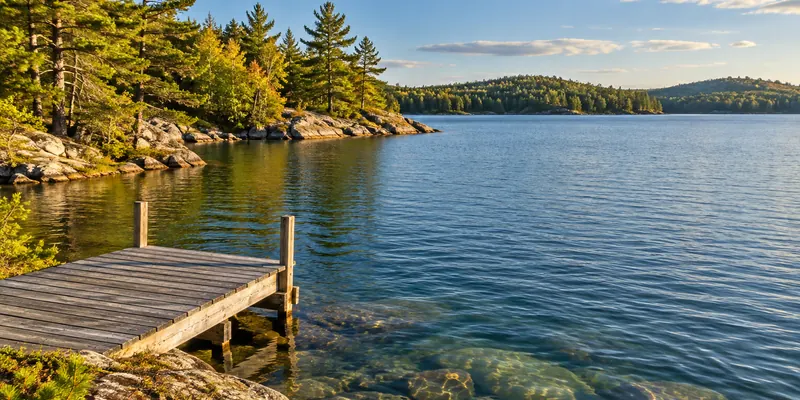 A wooden dock beside clear lake water, granite and pine-covered low hills in late afternoon light.