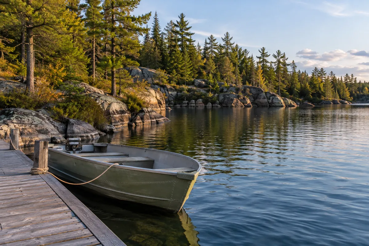 A small fishing skiff beside a cedar dock in a sheltered granite-shore bay.