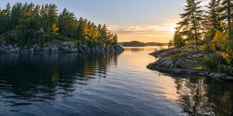 A narrow passage between pine-covered islands opens onto a calm lake.