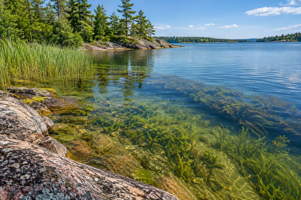 Aquatic plants and clear shallow water along a rocky, pine-covered bay.