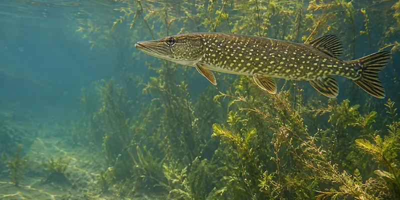 A long olive northern pike with pale spots beside freshwater plants.