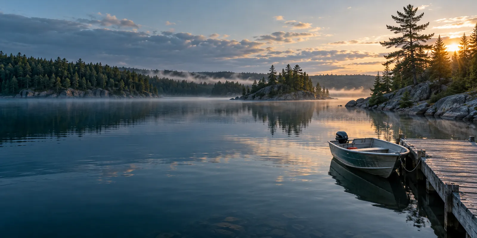 Morning mist over a pine-lined Shield lake, with an aluminium boat tied beside a wooden dock.
