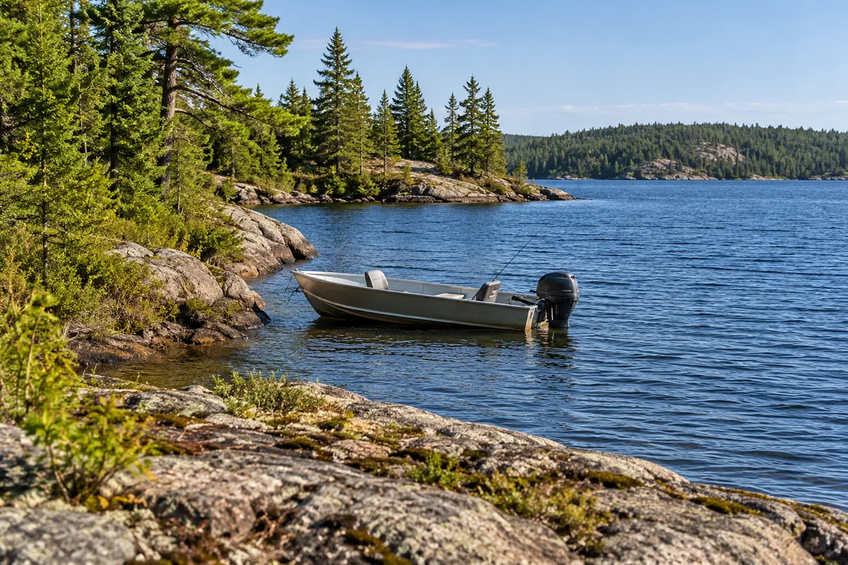An aluminium fishing boat beside a low granite point with pine and spruce along the shore.