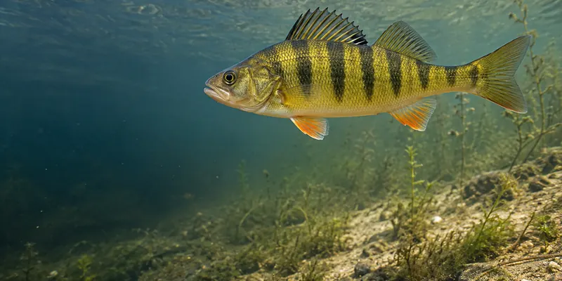 A golden yellow perch with dark vertical bars and orange fins in clear lake water.