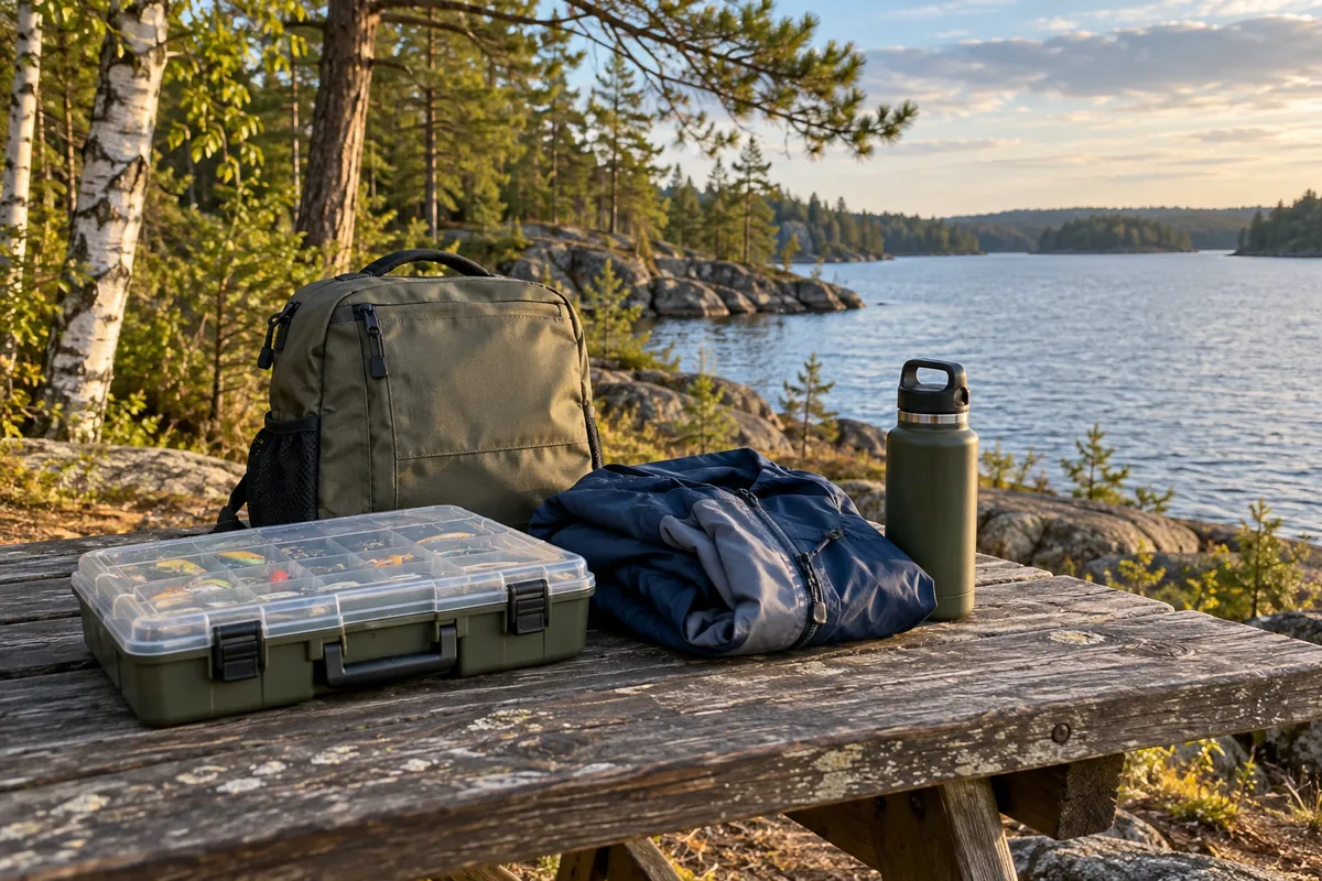 Rain jacket, water bottle, tackle box and day bag on a wooden table
