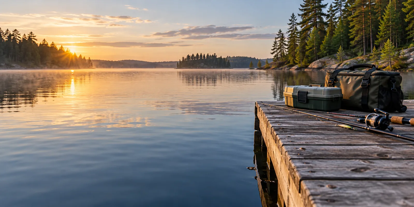 Fishing rod, tackle box and day bag on a dock beside a calm pine-lined lake