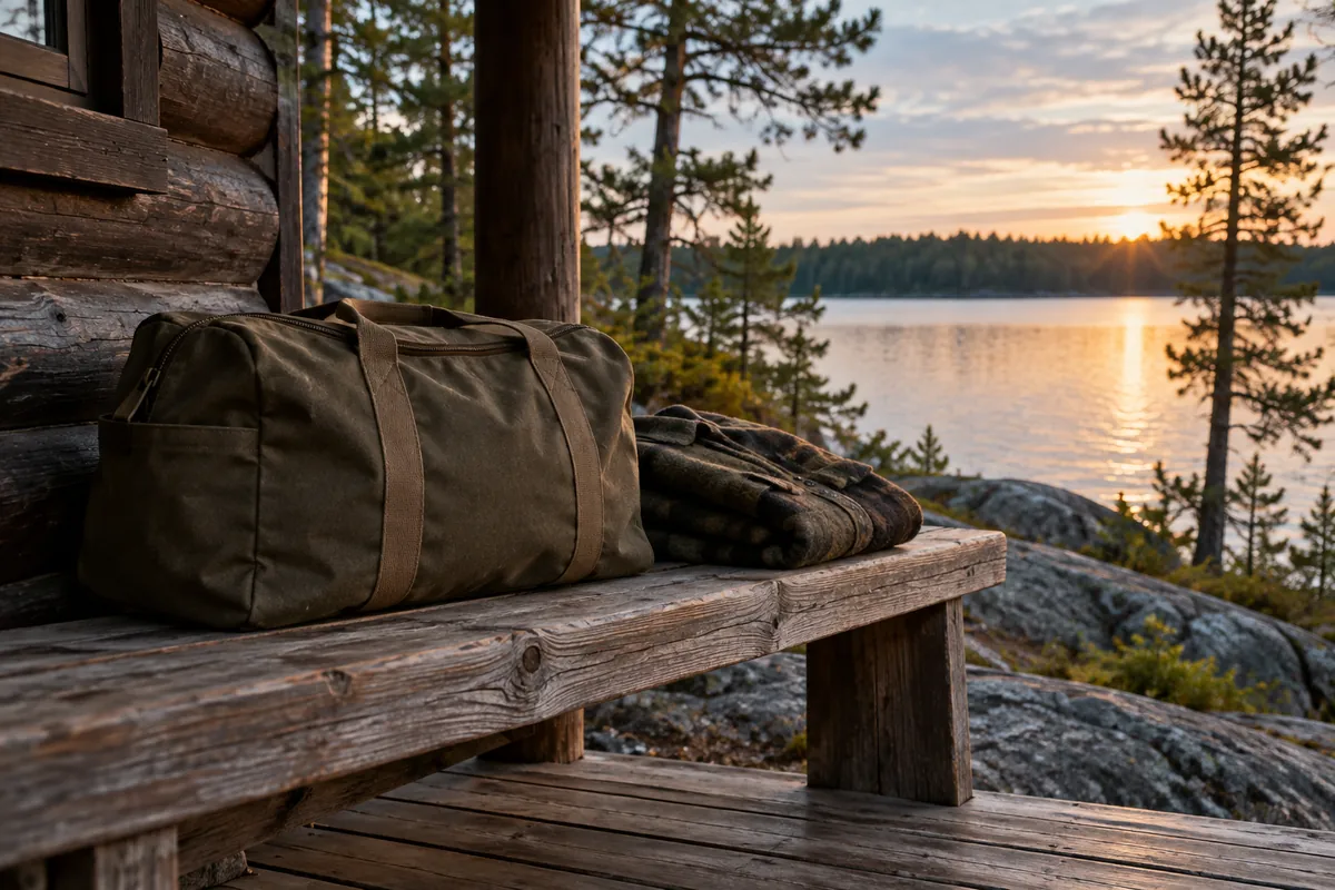 Canvas bag and folded jacket on a bench beneath a lakeside porch