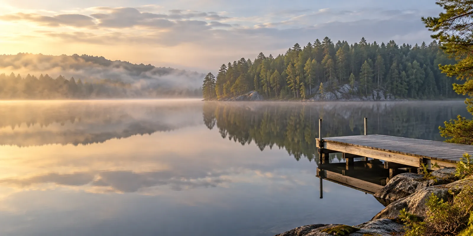 Wooded shoreline reflected in calm water beside an empty dock