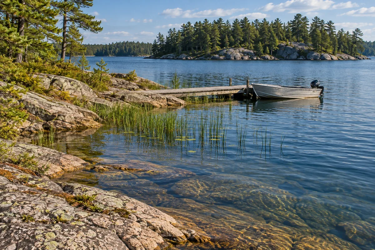 An aluminium boat at a wooden dock beside granite, reeds and pine-covered islands.