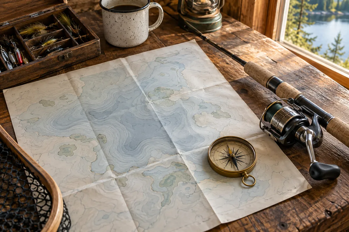 An unmarked contour sketch, compass, reel and rod grip on a wooden table.