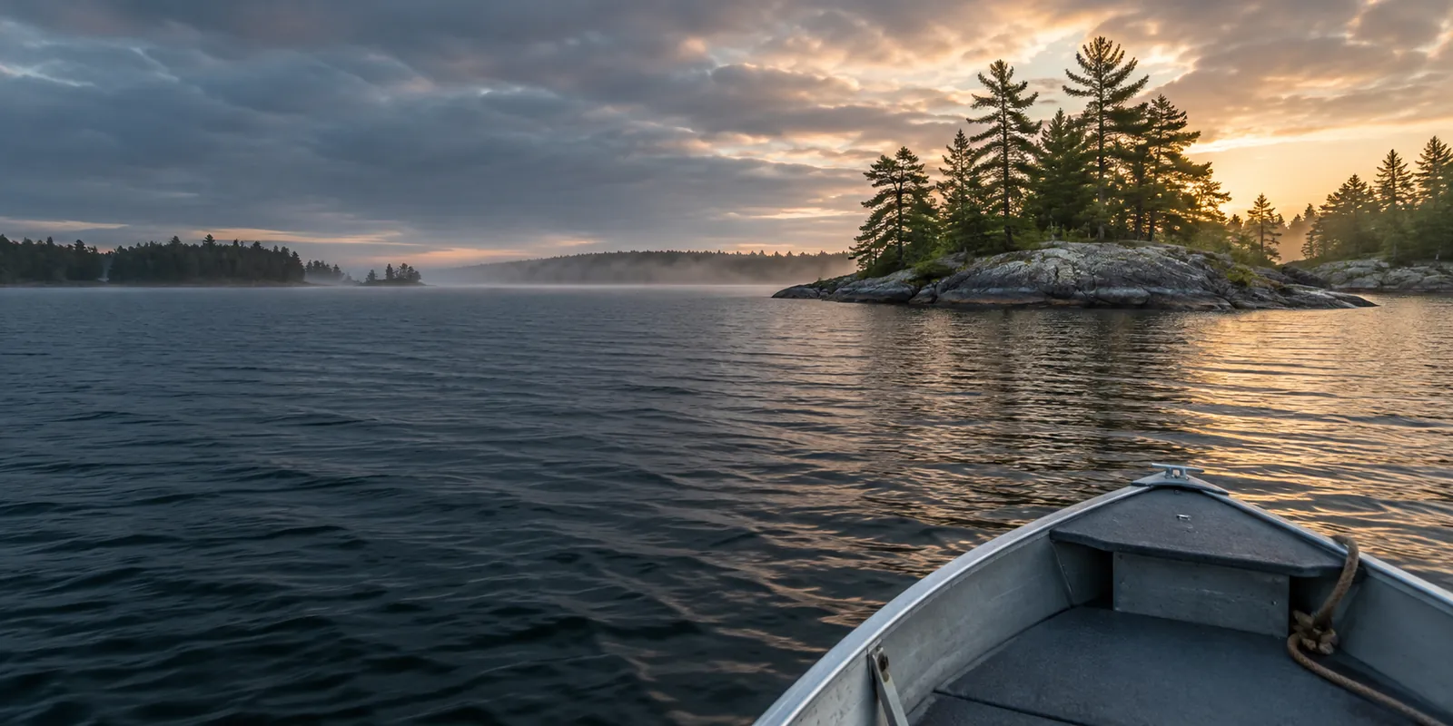 The bow of a fishing boat faces a pine island and granite point across rippled water.