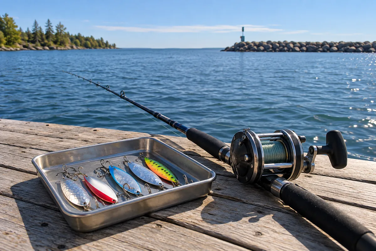 Fishing spoons and a trolling reel on a clean wooden dock beside broad lake water.