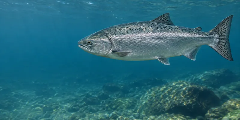A silver Chinook salmon with dark spots swimming through blue freshwater.