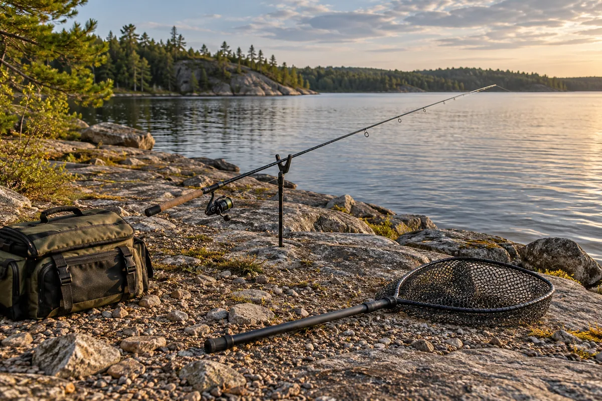 A fishing rod, landing net and tackle bag on a broad level lake bank.