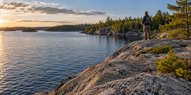 An angler in a lifejacket fishing from a broad dry rock above calm lake water.