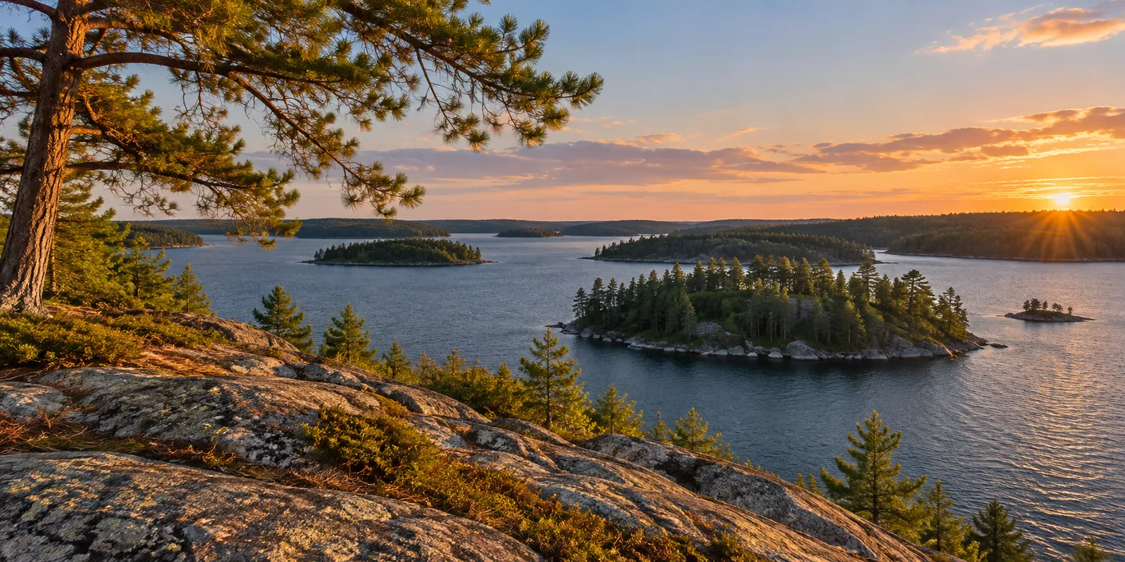 Pine branches above a lake with wooded islands and a granite shoreline