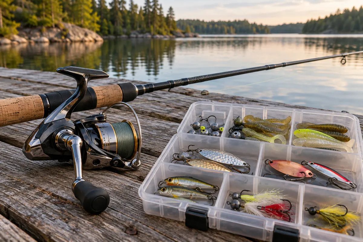 Spinning reel, jig heads, metal spoons and soft lures arranged on wood