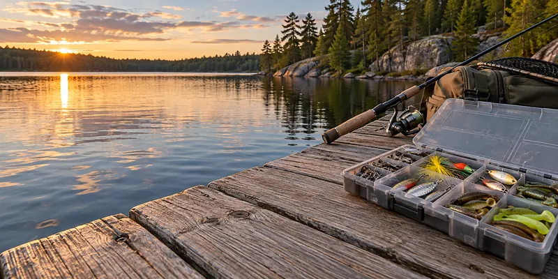 Fishing rod and open tackle tray on a wooden dock beside a lake