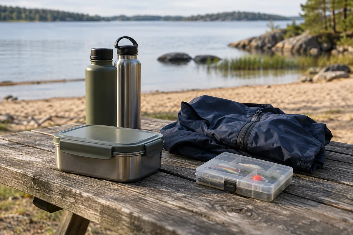 Lunch, water bottles, rain jacket and tackle box on a lakeside picnic table