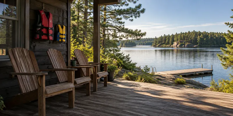Empty chairs and hanging lifejackets on a lakeside cabin porch