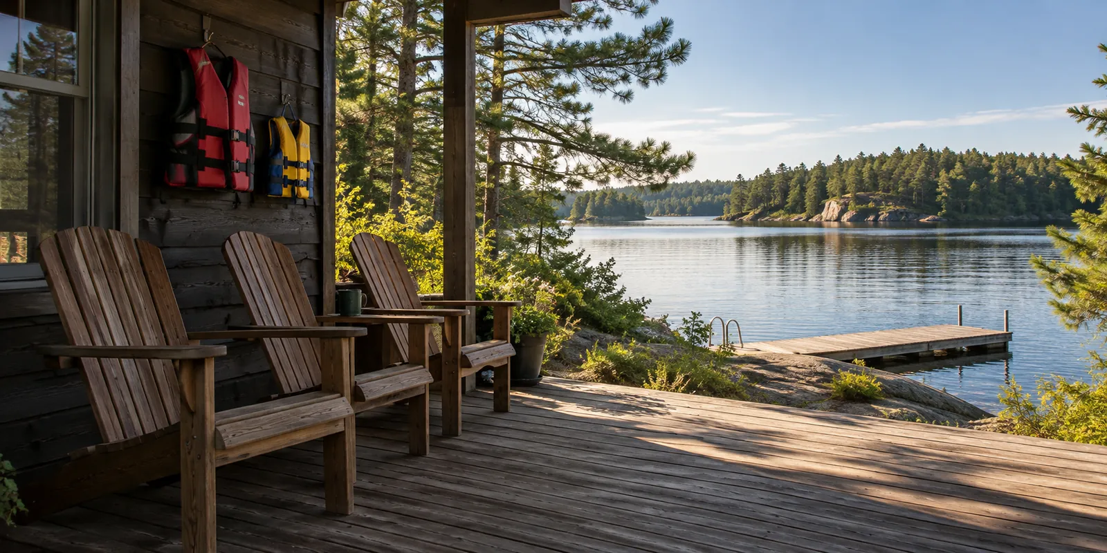 Empty chairs and hanging lifejackets on a lakeside cabin porch