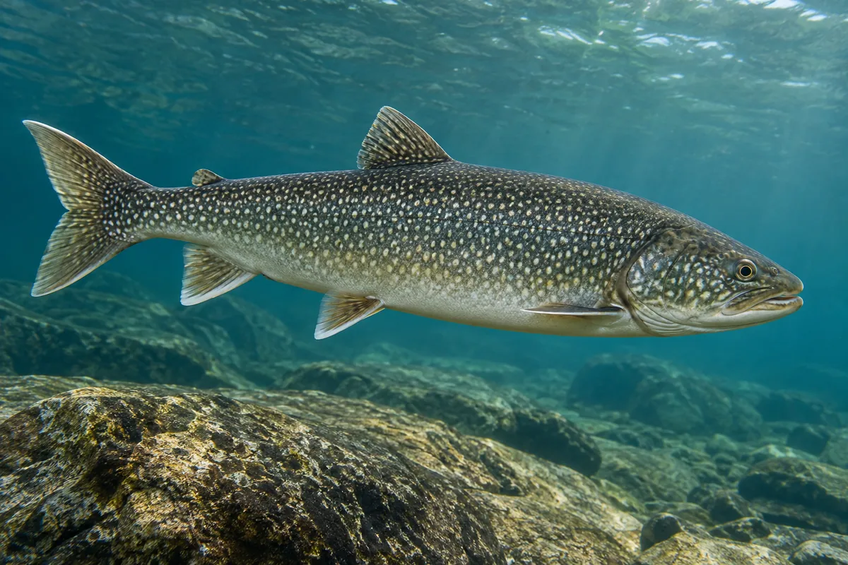 A pale-spotted lake trout swimming above a deep rocky freshwater bottom.