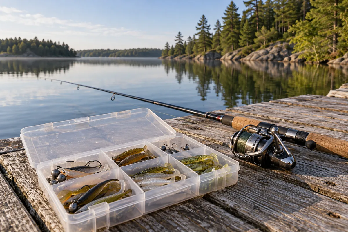 Jigs and soft-plastic fishing lures in a tackle tray beside a quiet northern lake.