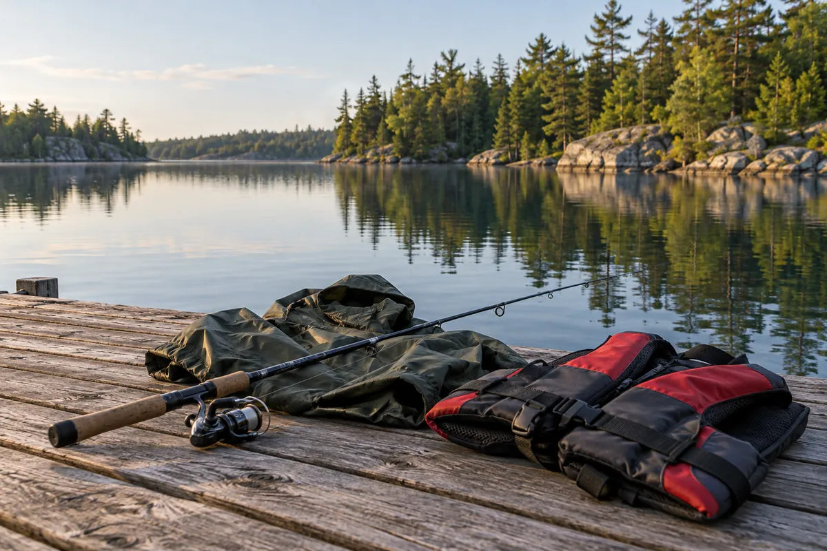 Fishing rod, rain jacket and lifejacket resting on a dry timber dock