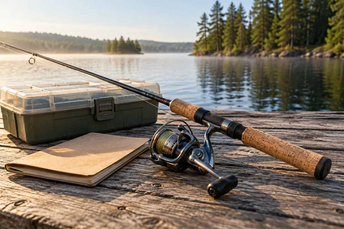 A spinning rod, reel and tackle box on a weathered dock beside a lake.