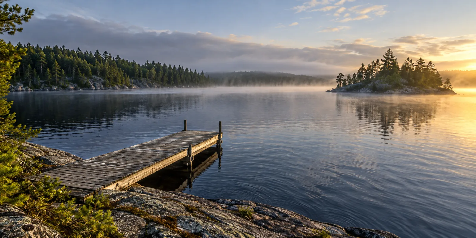 A wooden dock reaches into a misty pine-lined lake beside a rocky shore.
