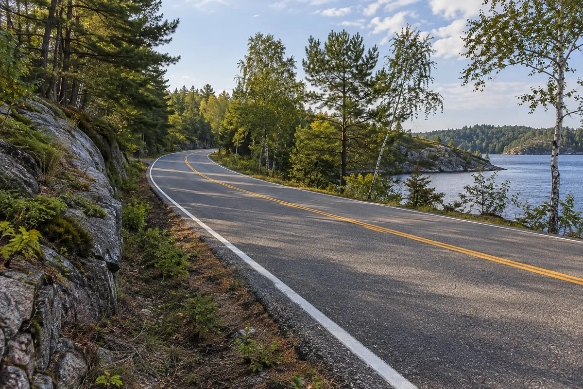 Empty paved road curving through pine, birch and exposed rock