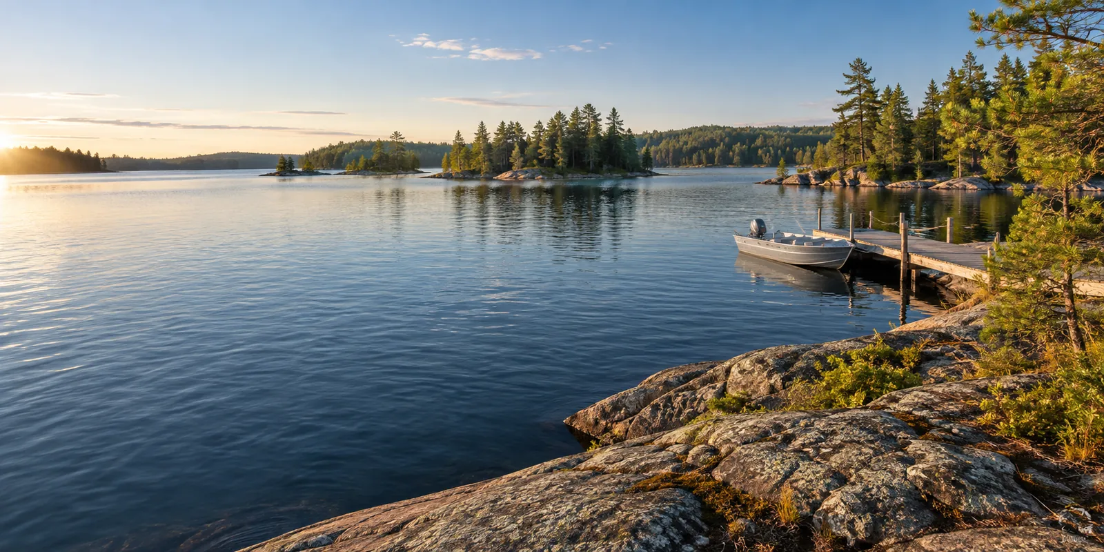 Pine islands, granite shore and an empty boat tied beside a dock in golden light